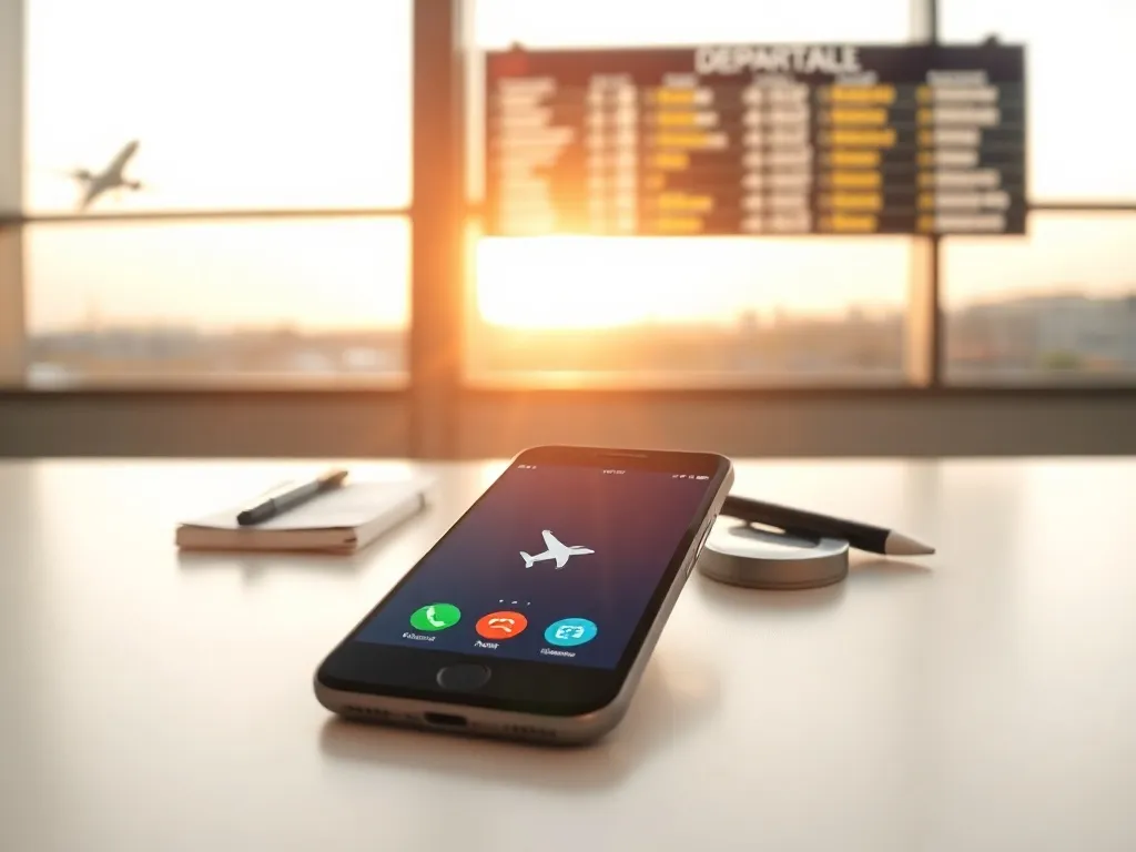 Smartfon z ikoną połączenia i samolotu na tle tablicy odlotów, symbol infolinii Wizzair i kontaktu telefonicznego