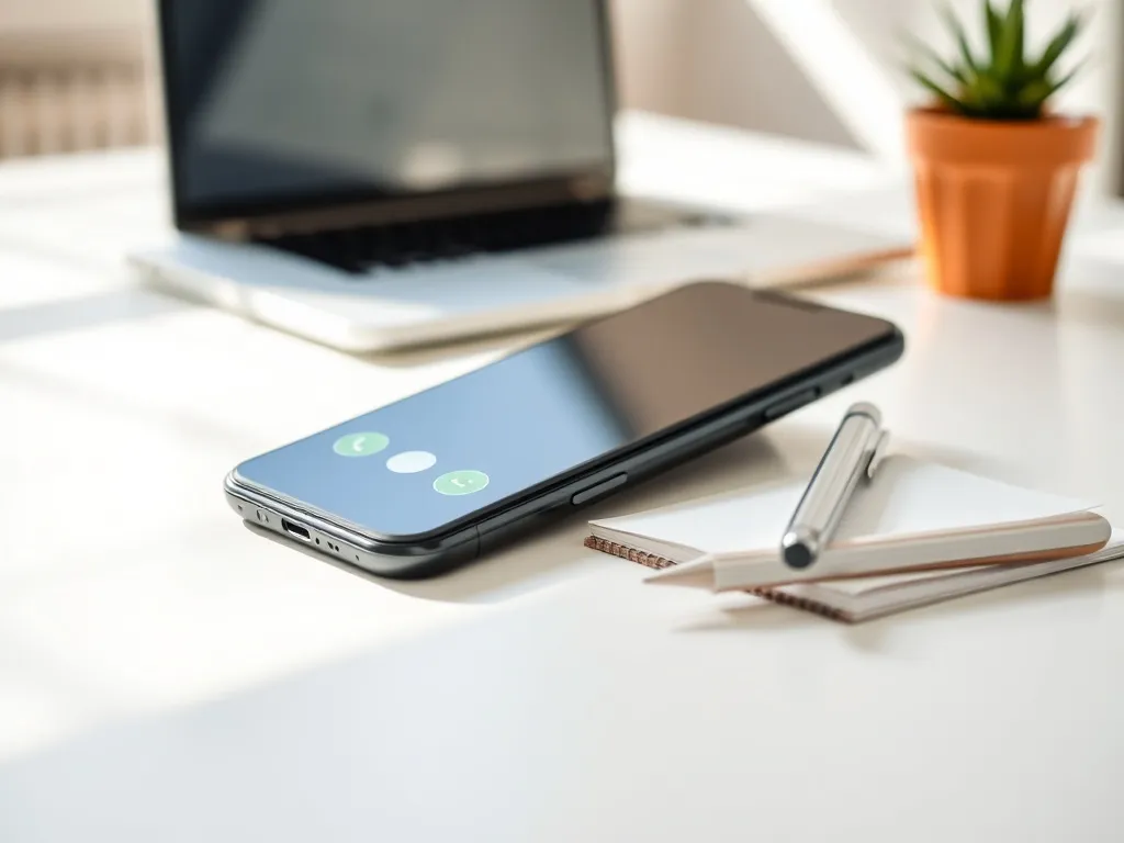 Smartfon z ekranem połączenia i ikoną e‑mail obok notesu, symbol kontaktu z Ergo Hestią w przyjaznym biurze domowym