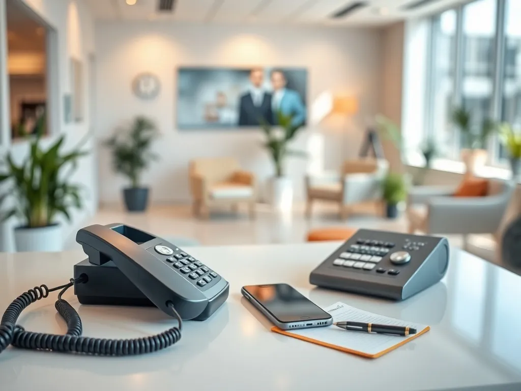 Nowoczesna recepcja Enel Med z telefonem stacjonarnym, smartfonem i notatnikiem, symbolizująca różne formy kontaktu.