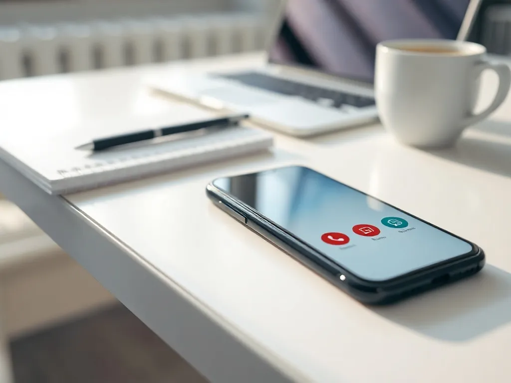 Smartfon na biurku z ikonami telefonu i e-maila, obok notatnik i laptop, symboliczne przedstawienie kontaktu z Allianz.