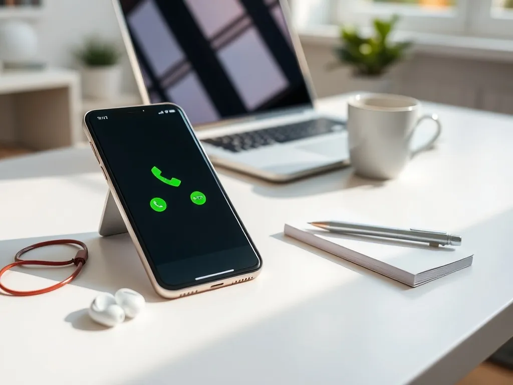 Smartfon z ekranem połączenia na biurku obok słuchawek i notatnika, symbol kontaktu telefonicznego z T‑Mobile.