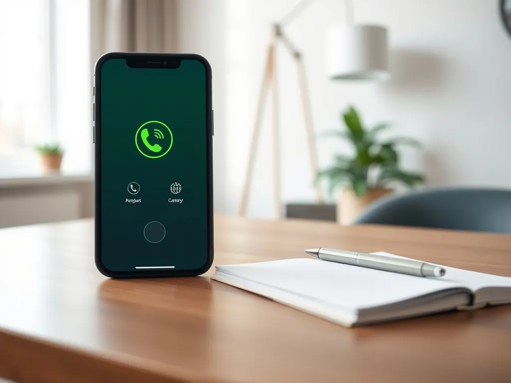 Smartfon z ekranem połączenia telefonicznego na biurku, obok notatnika i długopisu, w spokojnym, jasnym biurze domowym.