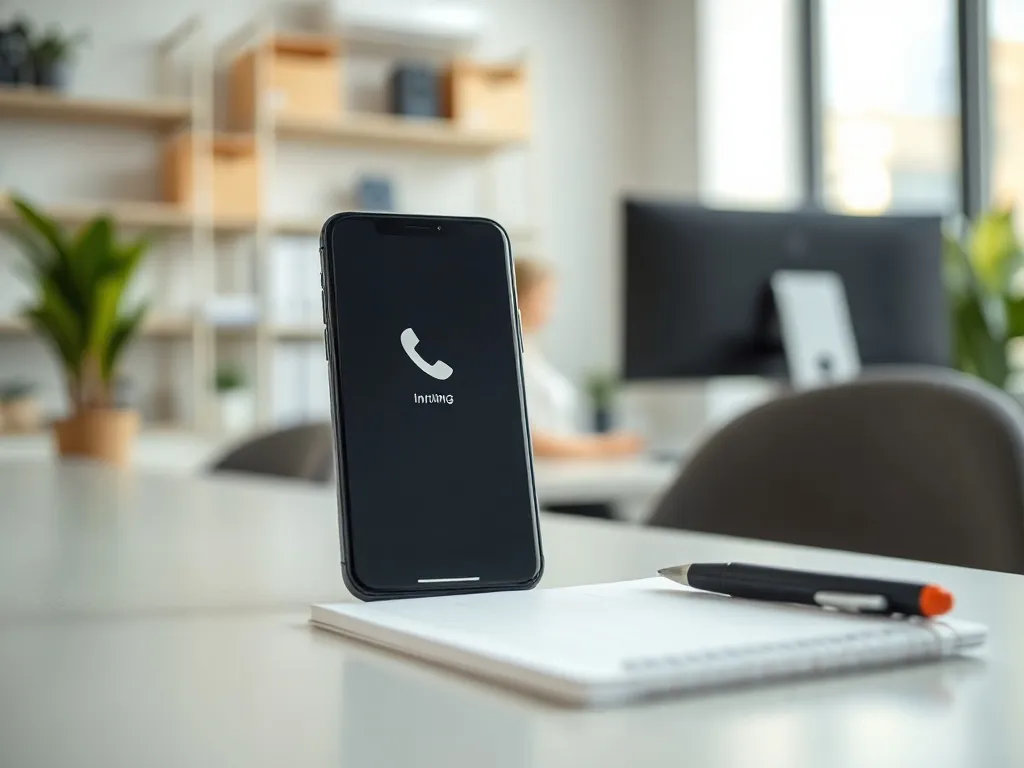 Smartfon z ikoną połączenia przychodzącego na biurku w biurze, symbolizujący infolinię urzędu skarbowego.