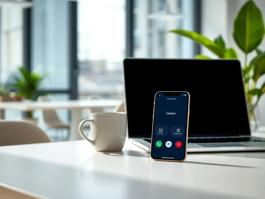 Smartfon z ekranem kontaktu na biurku obok laptopa i kawy, w jasnym biurze, symbol łatwego kontaktu z Eneą.