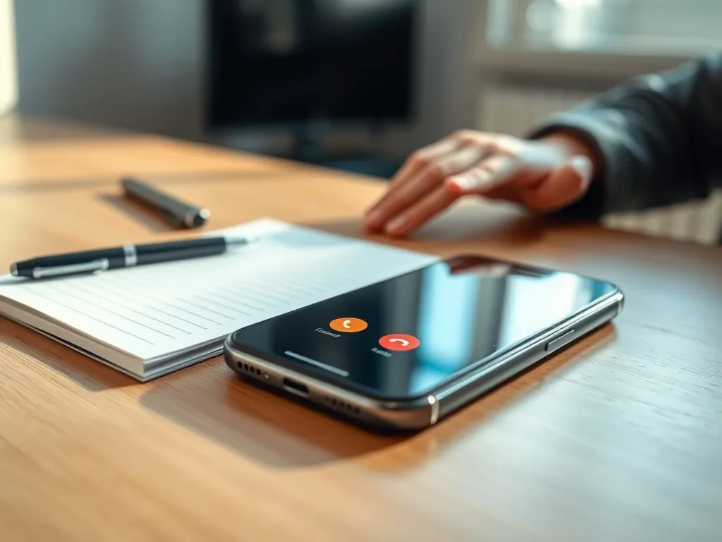 Smartfon z ekranem połączenia na biurku, obok notesu i długopisu, w tle dłoń sięga po telefon, spokojne biuro domowe.