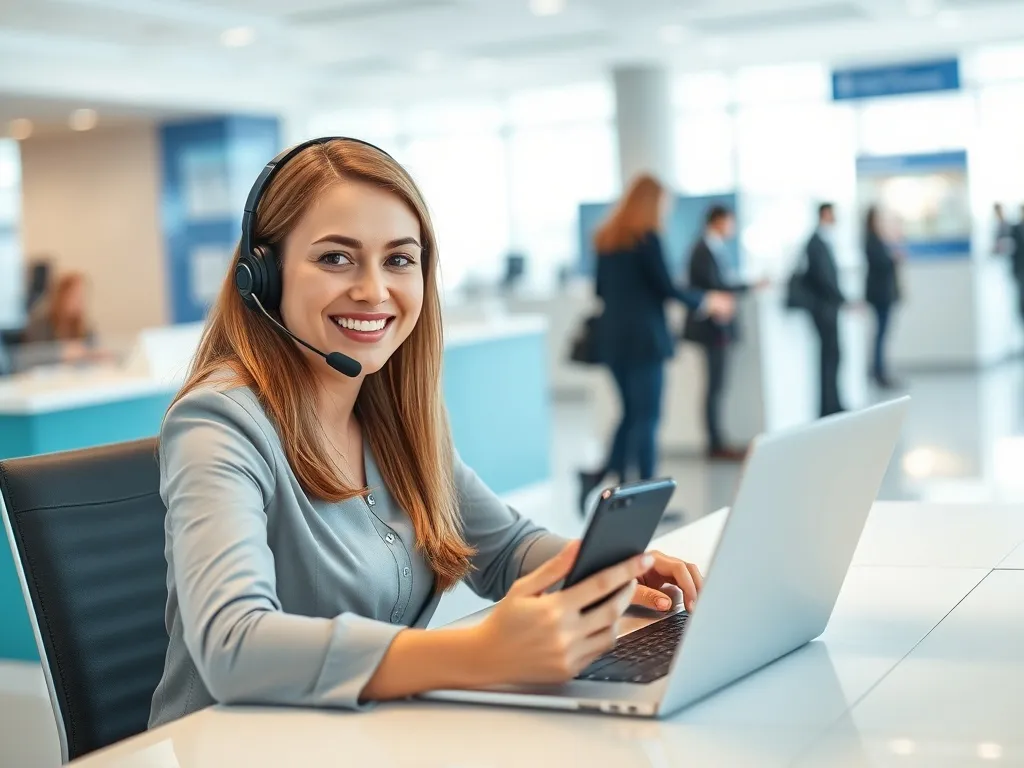 Konsultant infolinii Banku Millennium przy biurku z laptopem, gotowy do pomocy klientom telefonicznie i online.