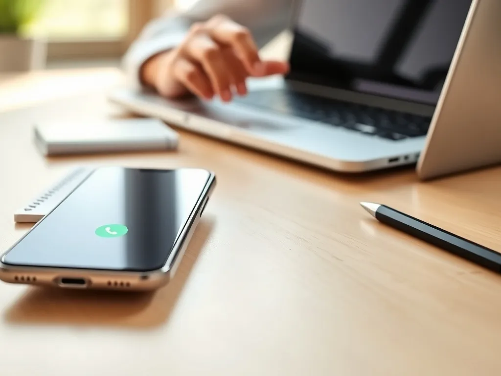 Smartfon z ekranem połączenia na biurku, obok notatnika i laptopa, symbolizujący kontakt z infolinią Play