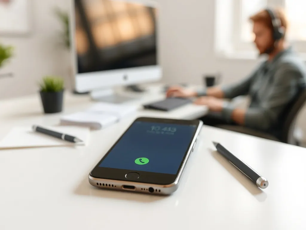 Smartfon z ekranem połączenia telefonicznego na biurku, w tle konsultant z headsetem przy komputerze w biurze DPD