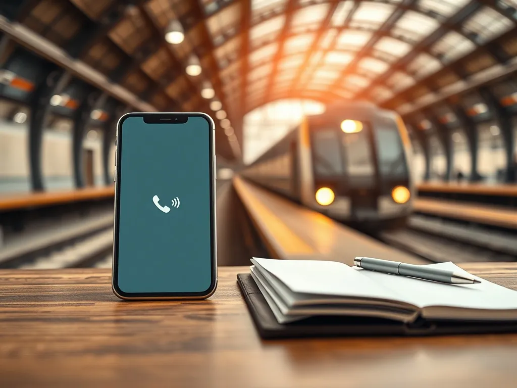 Smartfon z ekranem połączenia leżący na biurku, w tle rozmyty dworzec kolejowy, sugerujący infolinię PKP