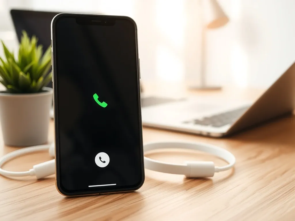 Smartfon z ekranem rozmowy telefonicznej na biurku, obok słuchawek – symbol kontaktu z infolinią Plus.