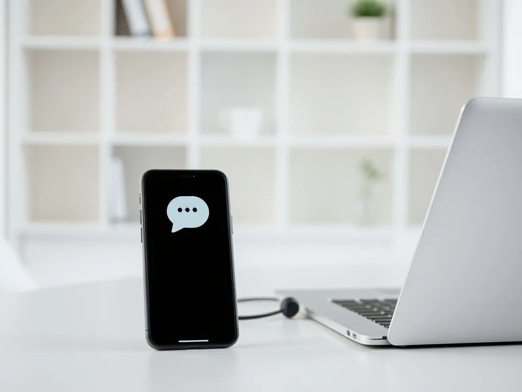 Smartfon z ikoną czatu obok laptopa i słuchawek na biurku, symbol nowoczesnego kontaktu z Cyfrowym Polsatem
