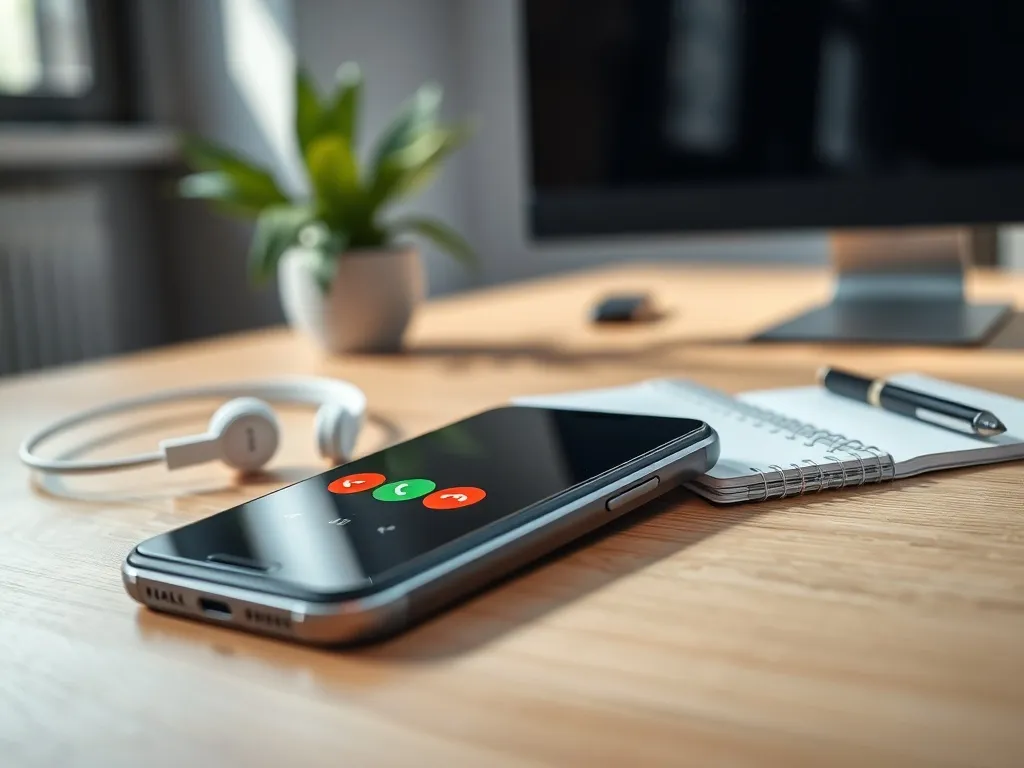 Smartfon z ekranem połączenia na biurku obok słuchawek i notesu, kojarzący się z dzwonieniem na infolinię Pekao.
