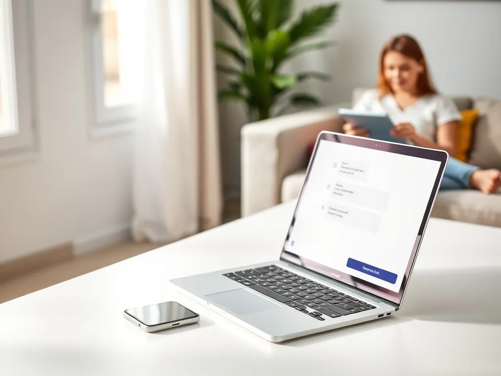 Laptop i smartfon z otwartym oknem czatu Tauron na jasnym biurku, w tle osoba korzystająca z tabletu w przytulnym wnętrzu.