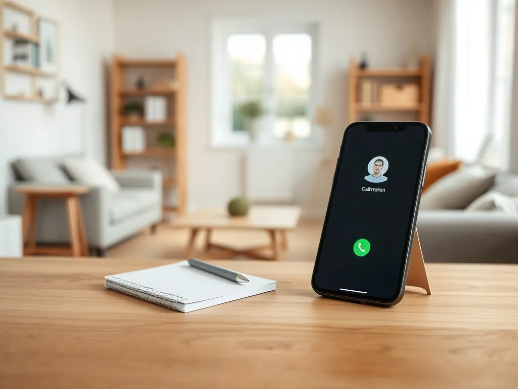 Smartfon z ekranem połączenia telefonicznego leżący na biurku w jasnym, skandynawskim wnętrzu salonu.