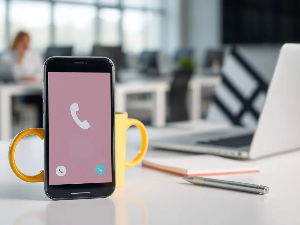 Smartfon z ekranem połączenia na biurku w biurze call center DHL, obok żółtego kubka i notatnika z długopisem.