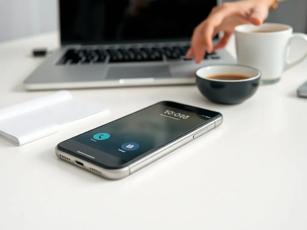 Smartfon z ekranem połączenia na biurku obok laptopa i kawy, dłoń sięga po telefon, symbol kontaktu z PGNiG.