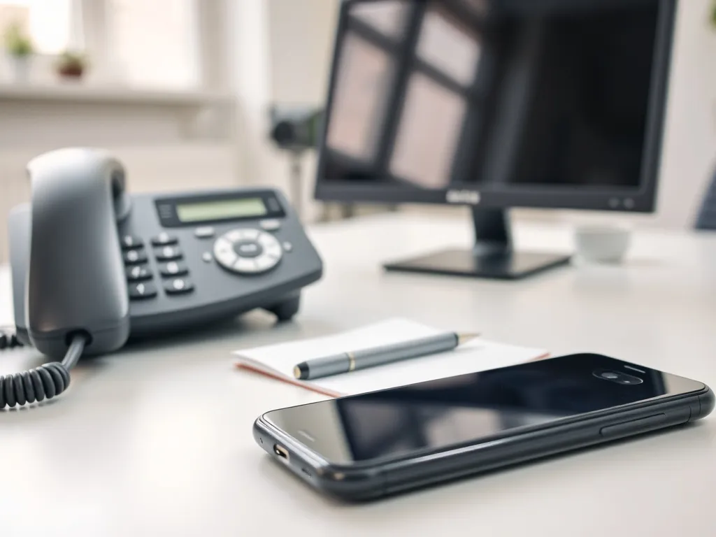Nowoczesny telefon stacjonarny i smartfon na biurku, symbolizujące infolinię i kontakt z Pocztą Polską