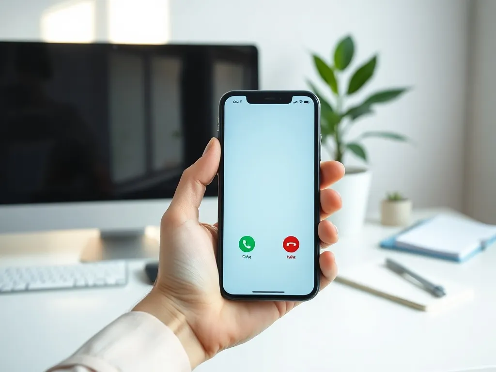 Smartfon z ekranem połączenia i słuchawką na jasnym biurku, symbol łatwego kontaktu z infolinią Warty.