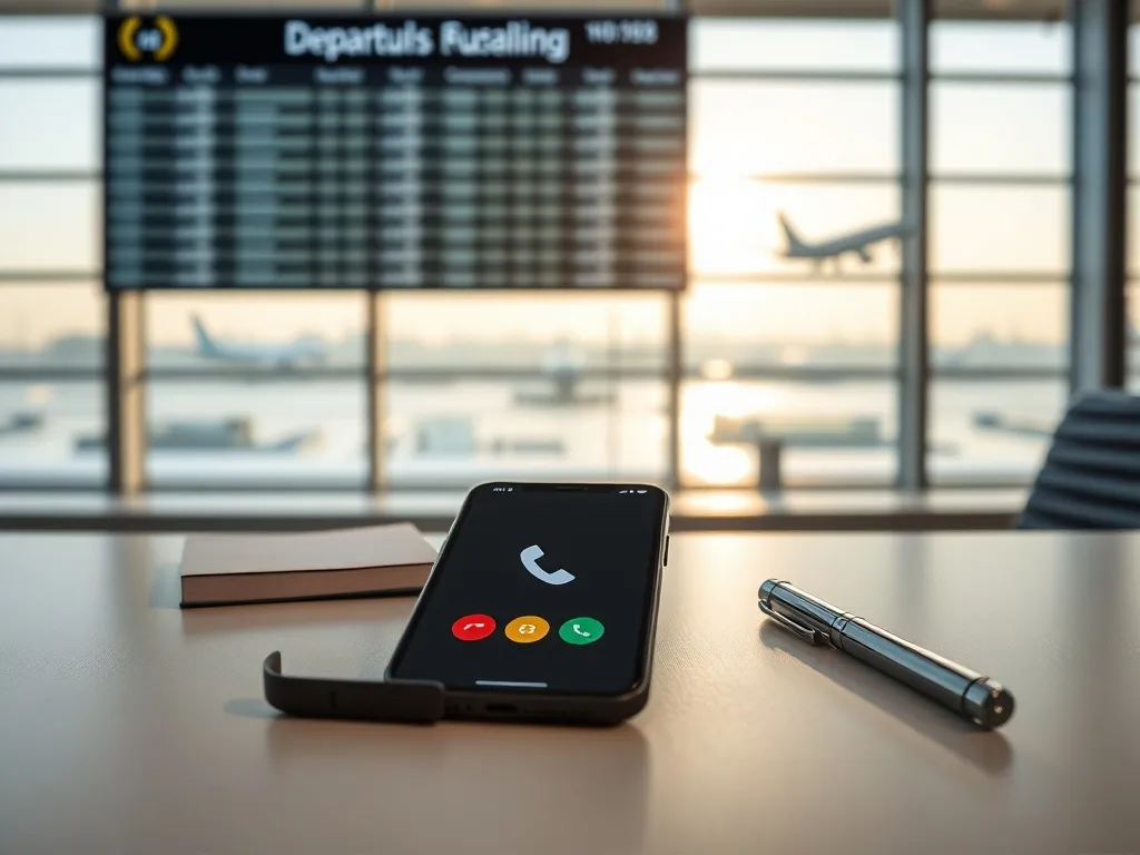 Smartfon z ikoną połączenia na biurku, w tle rozmazana tablica odlotów i samoloty, nawiązanie do infolinii Ryanair