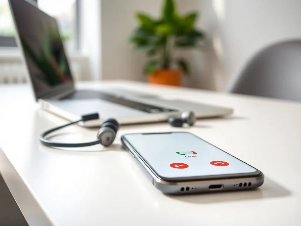 Smartfon z ikoną telefonu i e-maila na biurku obok laptopa i słuchawek, symbol komunikacji z Tauronem