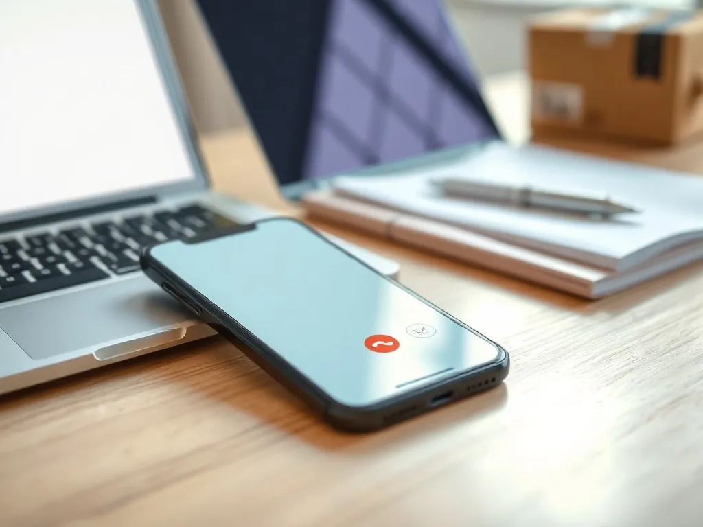 Smartfon z ekranem połączenia i laptop z e‑mailem obok paczki kurierskiej, symbolizujące kontakt z obsługą UPS.