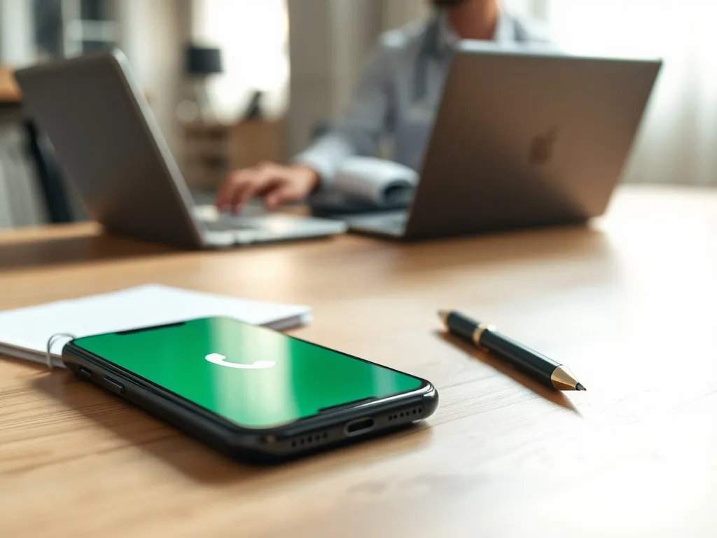 Smartfon z ikoną połączenia na biurku, w tle konsultantka z laptopem i słuchawkami, sugerując infolinię Credit Agricole.