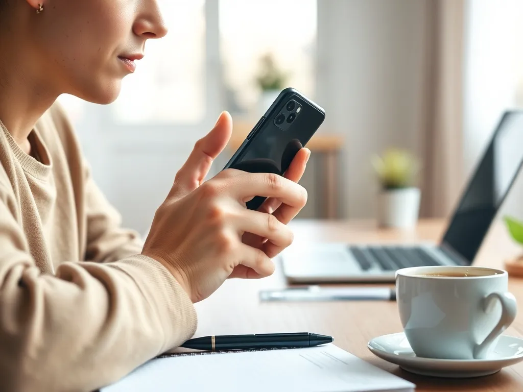 Osoba spokojnie rozmawia przez telefon przy biurku, z notatnikiem i kawą, w jasnym, przyjaznym domowym wnętrzu.