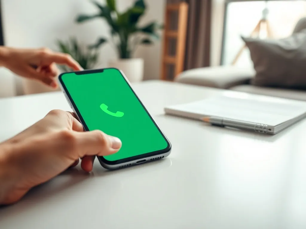 Smartfon z ikoną telefonu na biurku, dłoń sięga po urządzenie – symbol kontaktu z infolinią Energa.