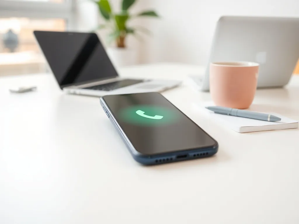 Smartfon z ikoną połączenia na biurku obok kubka i notatnika, w tle jasne biuro, atmosfera profesjonalnego kontaktu.