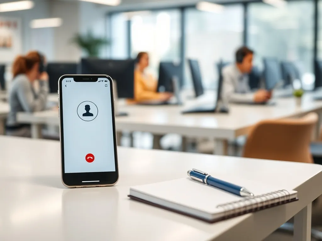 Smartfon z ekranem połączenia na biurku, w tle biuro call center PZU z konsultantami w słuchawkach.