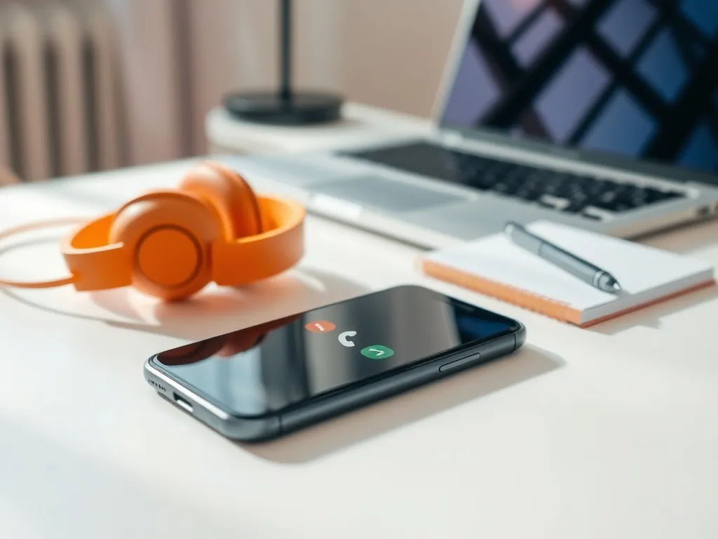 Smartfon na biurku z ekranem połączenia obok pomarańczowych słuchawek, notatnika i laptopa, symbolizujący infolinię Orange.