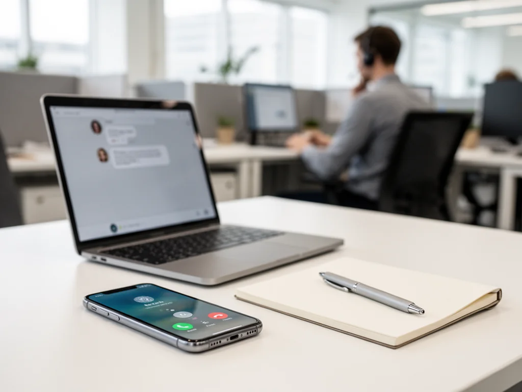 Smartfon i laptop z ekranem rozmowy obok notatnika, w tle konsultant z headsetem w jasnym biurze call center.