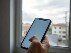 Smartfon z ikoną połączenia przychodzącego na biurku, w tle konsultant z headsetem w biurze infolinii Alab.