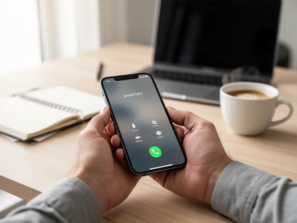 Smartfon z włączonym ekranem połączenia na biurku w domowym biurze, symbolicznie pokazujący kontakt z infolinią IKO.