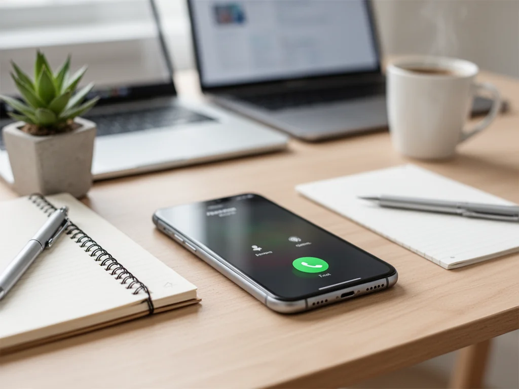 Smartfon z ikoną połączenia na biurku w domowym biurze, symbolizujący kontakt z infolinią Plush