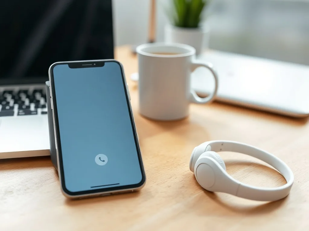 Smartfon z interfejsem czatu i ikoną telefonu na biurku, symbol kontaktu i pomocy online Revolut w spokojnym otoczeniu.