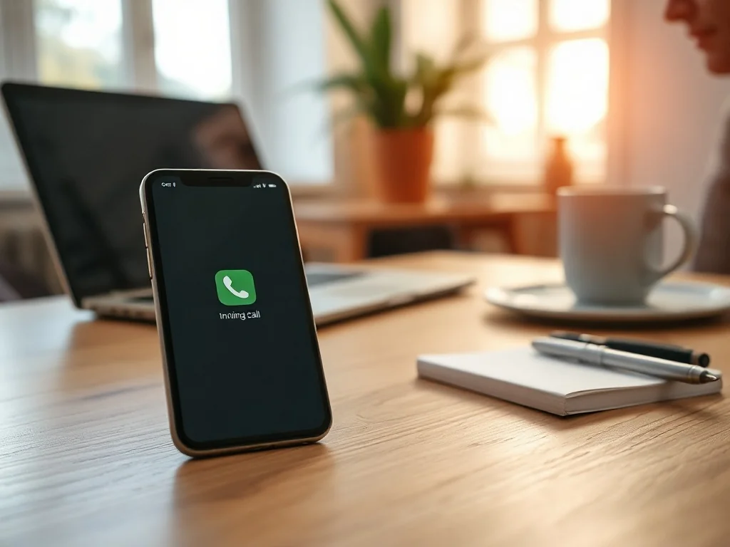Smartfon na biurku z ikoną nadchodzącego połączenia, obok notatnika i długopisu, w tle domowe biuro w ciepłym świetle.