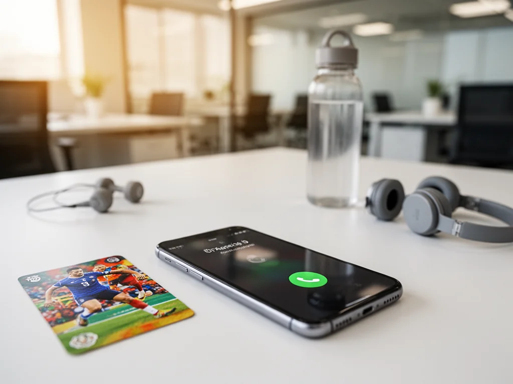 Smartfon z ekranem połączenia obok karty sportowej i akcesoriów fitness, symbolizujący kontakt z infolinią Multisport