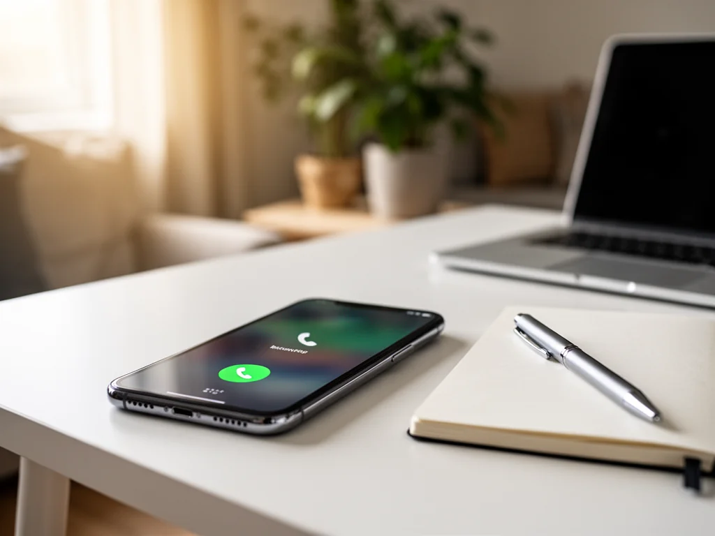Smartfon na biurku z ikoną połączenia przychodzącego, symbolizujący kontakt z infolinią Beko