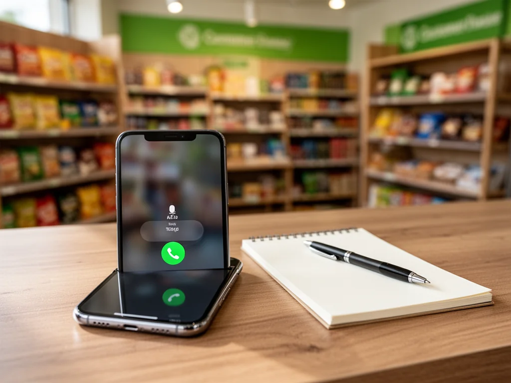 Smartfon z ekranem połączenia leży na biurku w sklepie osiedlowym, symbolizując infolinię i pomoc klienta Żabki.