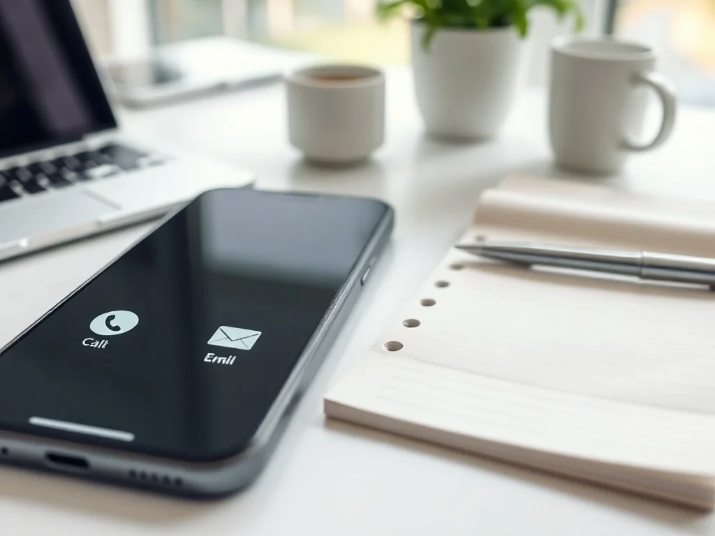 Smartfon na biurku z ekranem połączenia i ikoną e-mail, obok notatnika i długopisu, w jasnym biurze Generali kontakt.