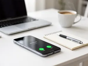 Smartfon na biurku z ekranem połączenia, obok notesu ING i kubka kawy, w tle osoba sięga po laptop w domowym biurze.