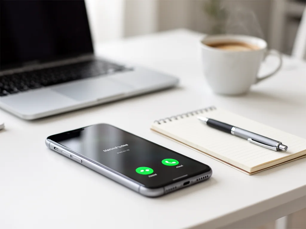 Smartfon z ekranem rozmowy telefonicznej na biurku w domowym biurze, symbolizujący kontakt z infolinią UPC.