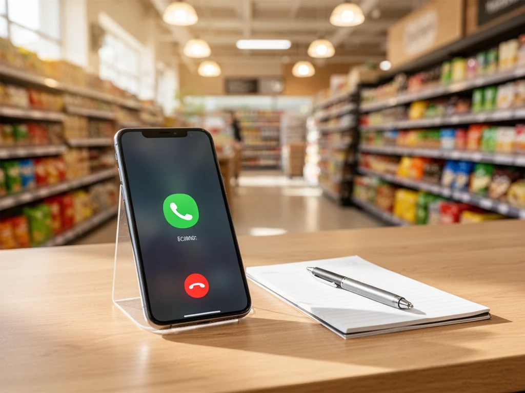 Smartfon z ikoną połączenia przychodzącego na biurku, w tle rozmyty supermarket, sugestia infolinii Biedronki.