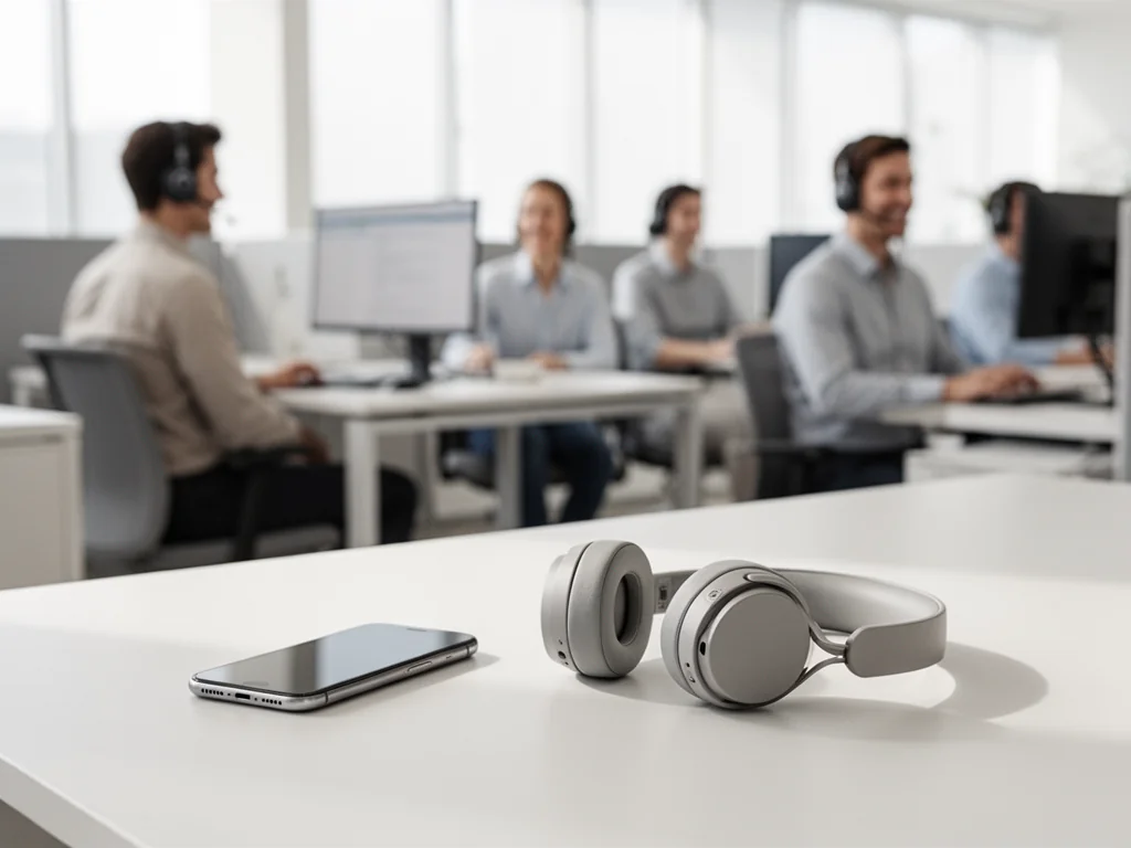 Smartfon i słuchawki na biurku w nowoczesnym biurze call center, symbol kontaktu z infolinią Play.