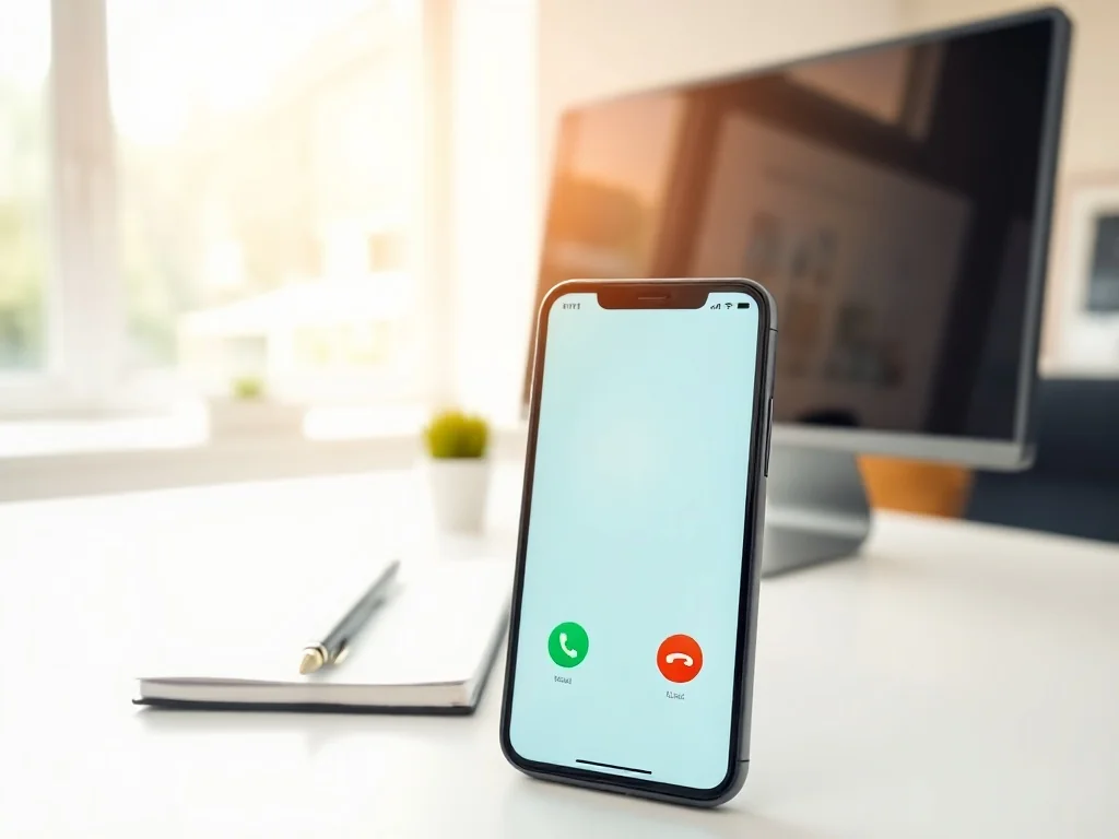 Nowoczesny smartfon z ekranem połączenia leży na biurku w jasnym biurze, obok notesu i długopisu.