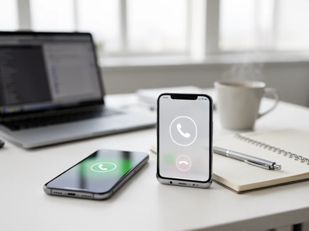 Smartfon na biurku z ekranem połączenia przychodzącego, symbolizujący infolinię Link4 i kontakt telefoniczny.