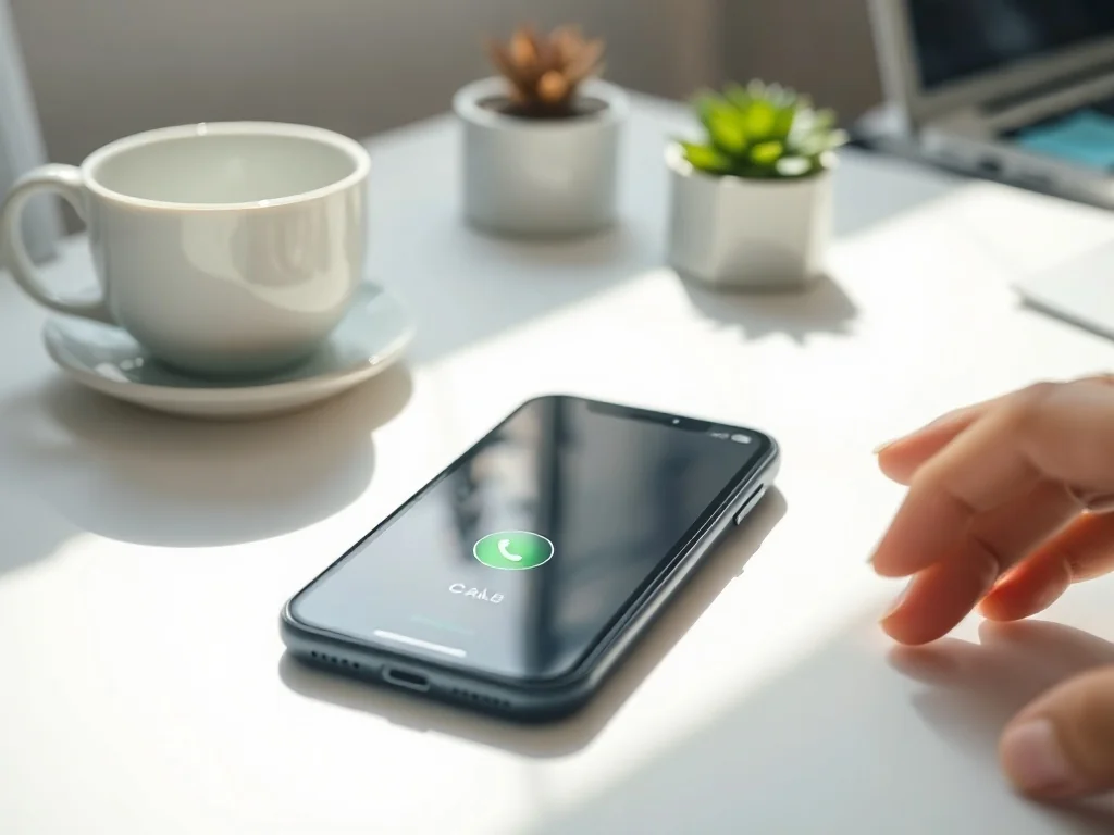 Smartfon z ekranem połączenia na biurku, dłoń sięga po telefon, sugerując kontakt z infolinią Orlen Paczka.