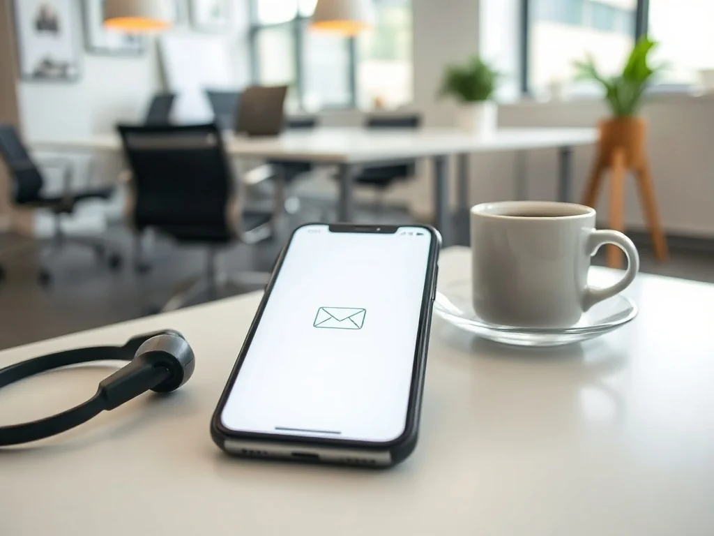 Smartfon z ekranem połączenia i ikoną e‑mail obok słuchawek i kawy, symbol kontaktu z infolinią Eobuwie.