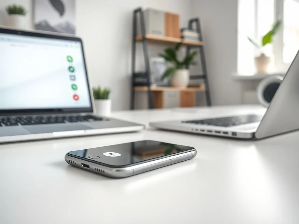 Smartfon z ekranem połączenia na biurku obok laptopa i kubka kawy, symbol kontaktu z Eon w domowym biurze.